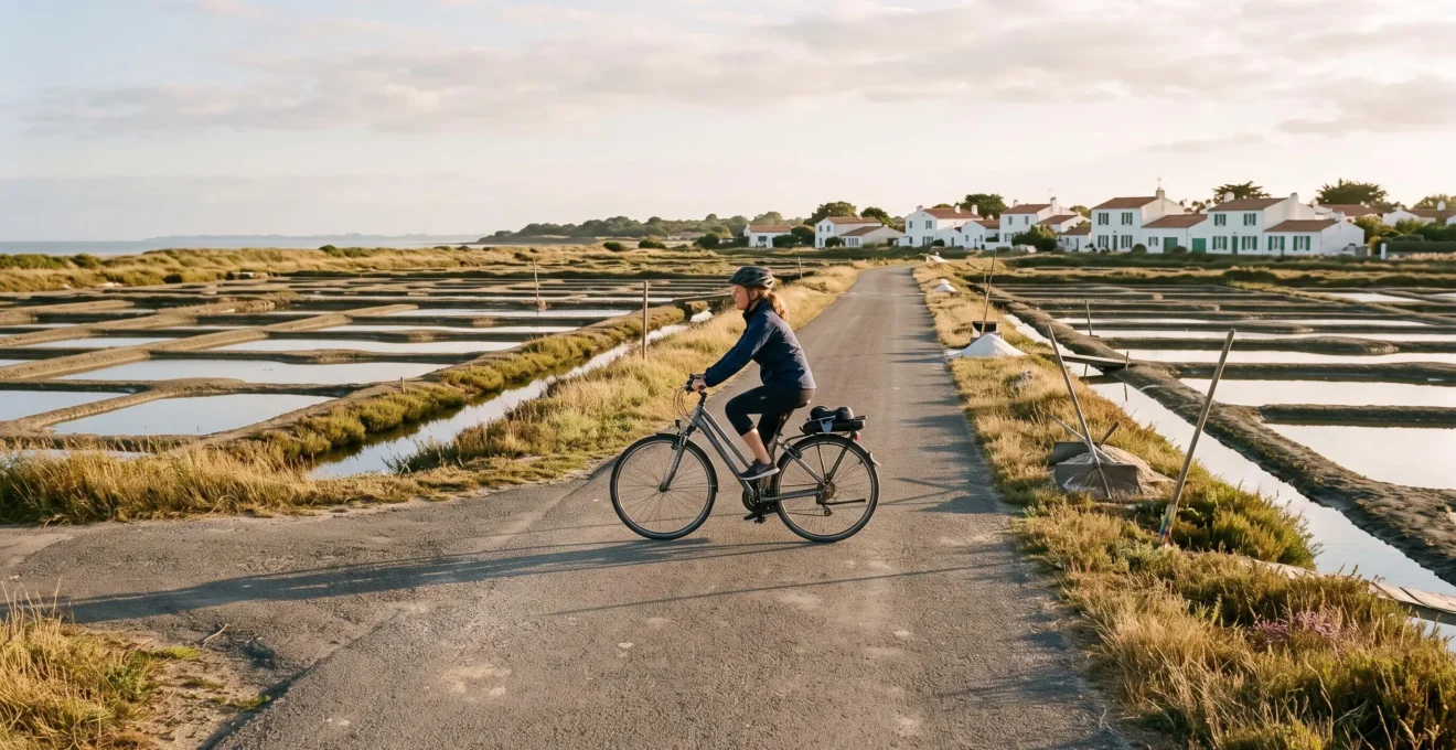 A cyclist rides along a flat cycle path between salt marshes and a whitewashed village on Île de Ré.