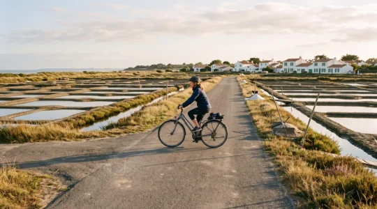 A cyclist rides along a flat cycle path between salt marshes and a whitewashed village on Île de Ré.
