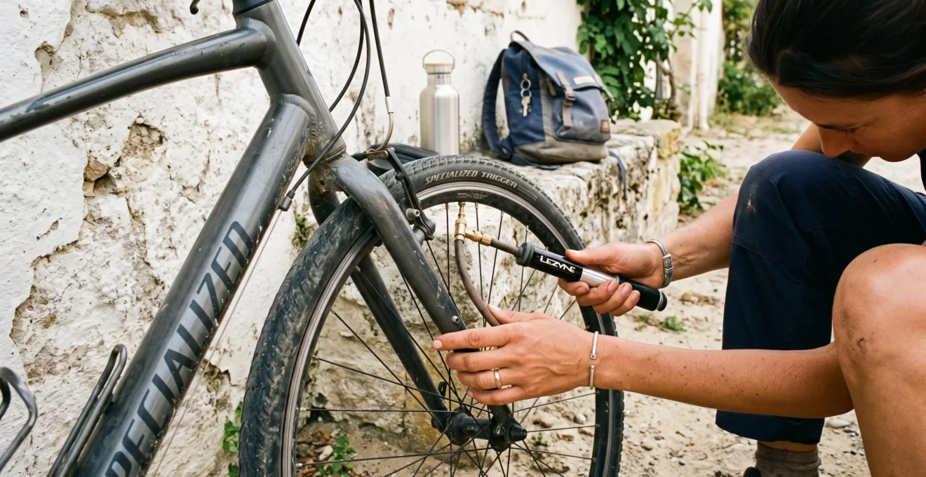 Hands use a small hand pump to check a bicycle tire next to a stone wall.